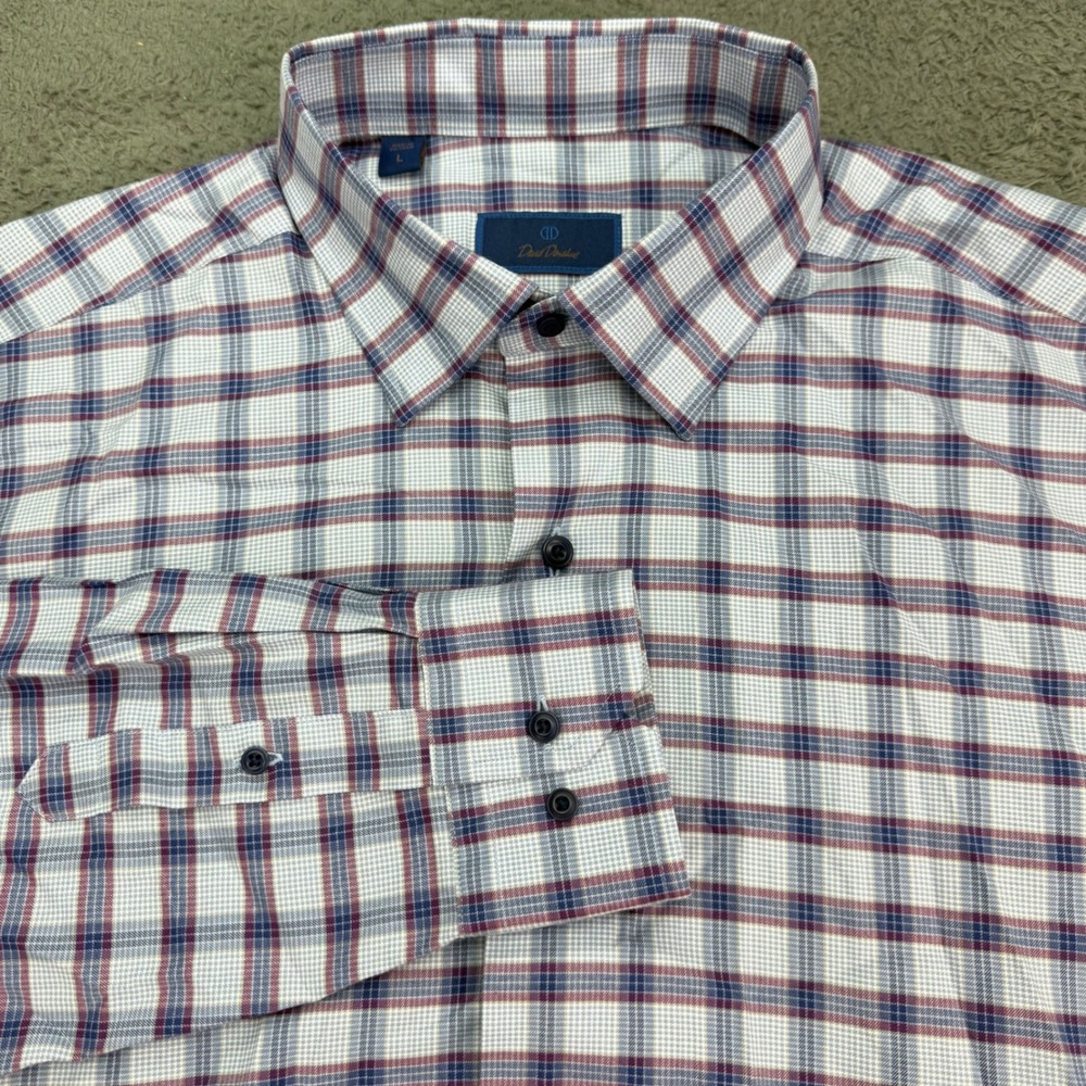 David Donahue Button Down Mens‎ Large Blue Burgundy Plaid Long Sleeve Shirt